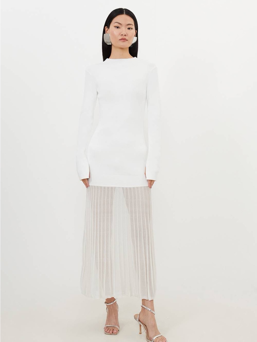 Karen Millen Viscose Blend Knit Pleated Sheer Skirt Cream Maxi Dress Fitted NWT - Picture 9 of 9